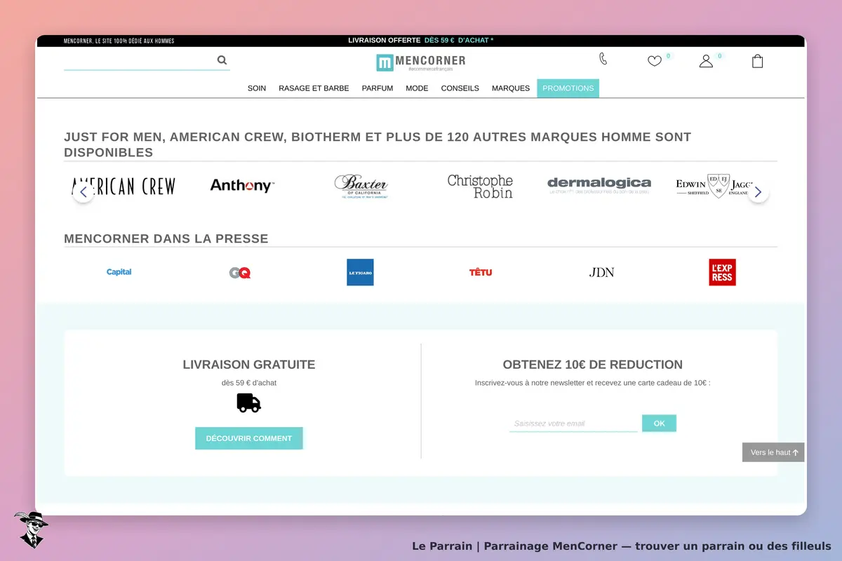 MenCorner : page d'accueil avec logos de marques et sections sur la livraison gratuite et