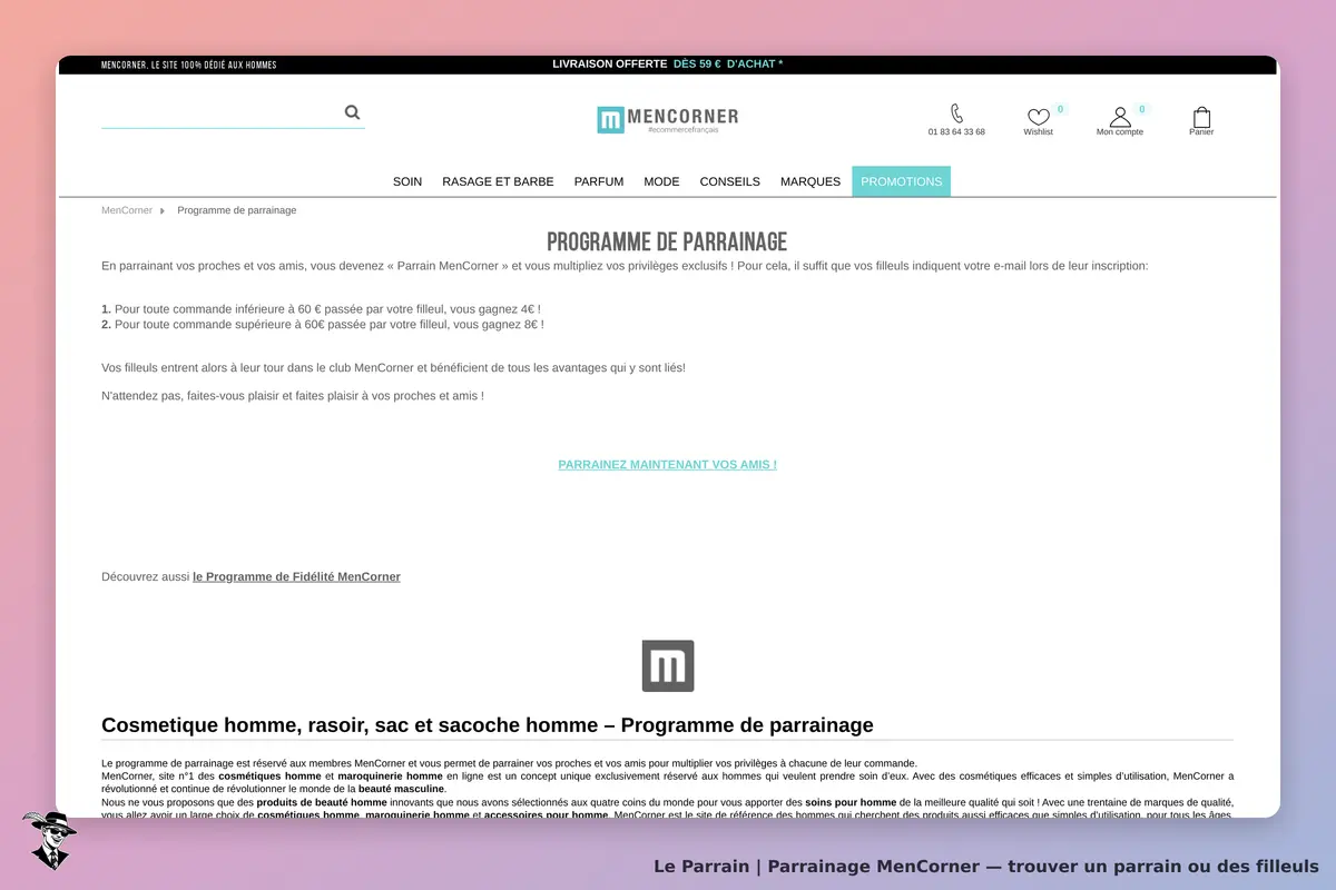 MenCorner : page d'accueil présentant le programme de parrainage et des cosmétiques pour hommes