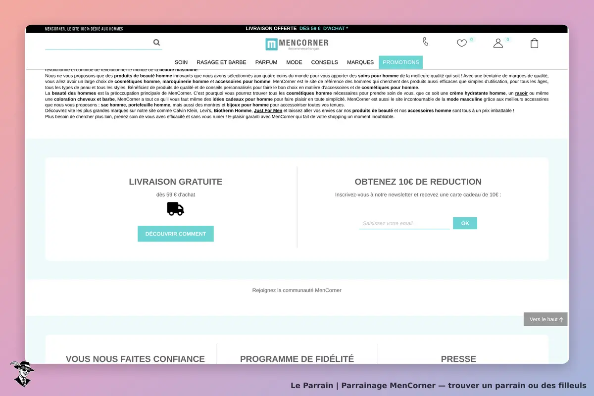 MenCorner : section promotionnelle avec livraison gratuite et inscription à la newsletter