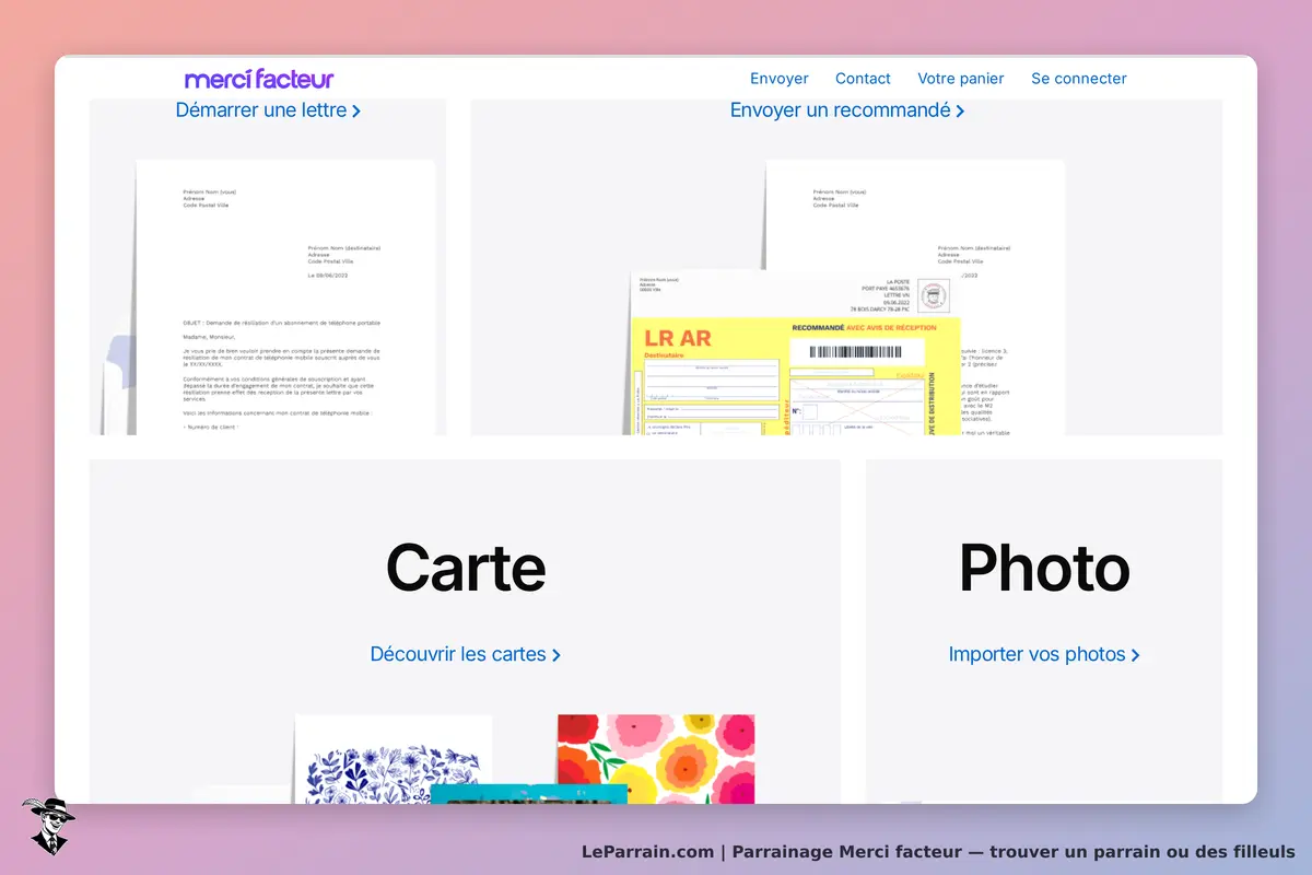 Merci facteur : page d'accueil avec options pour lettres, cartes et photos à envoyer