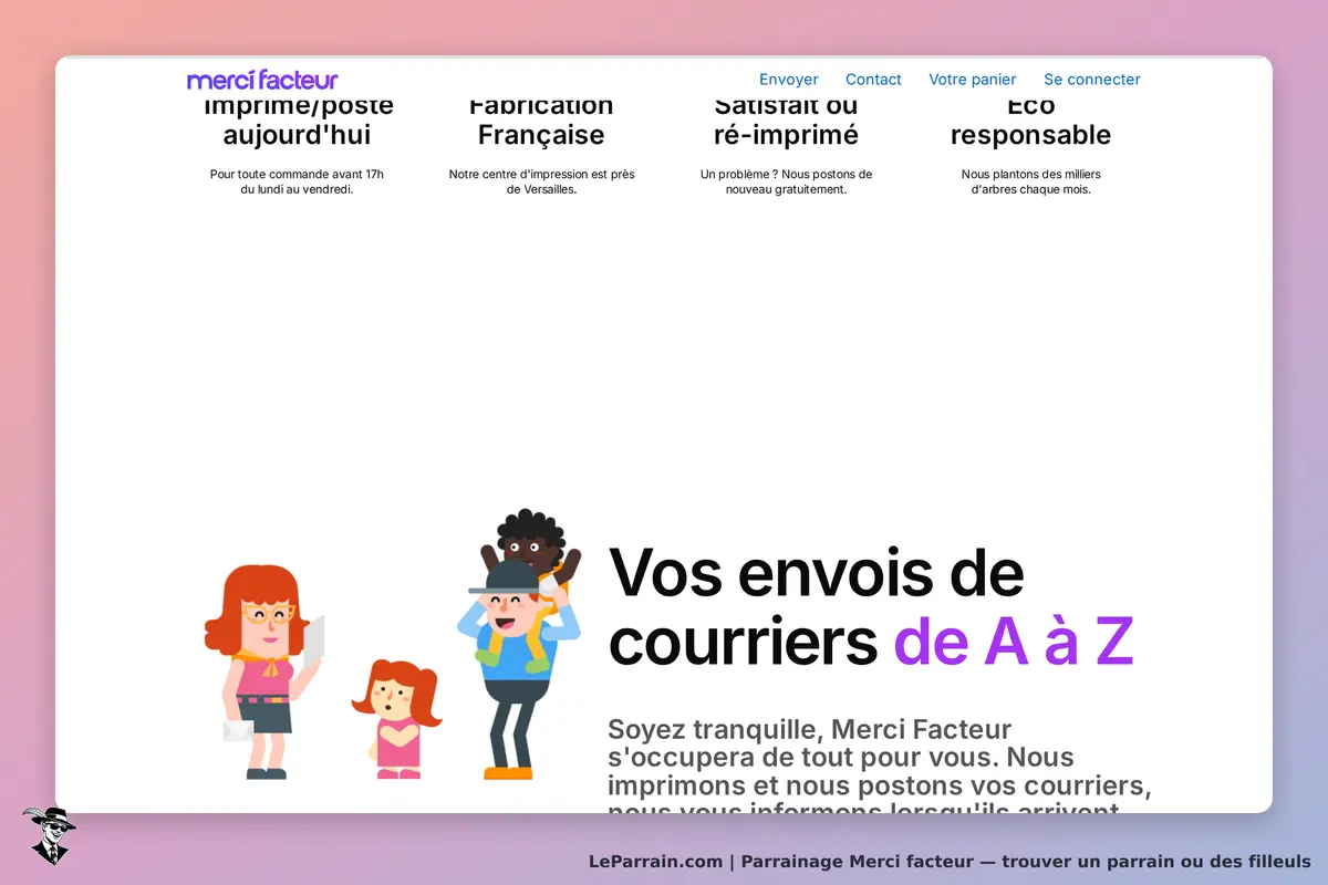 Merci facteur : page d'accueil avec texte sur les envois de courriers et illustrations de familles