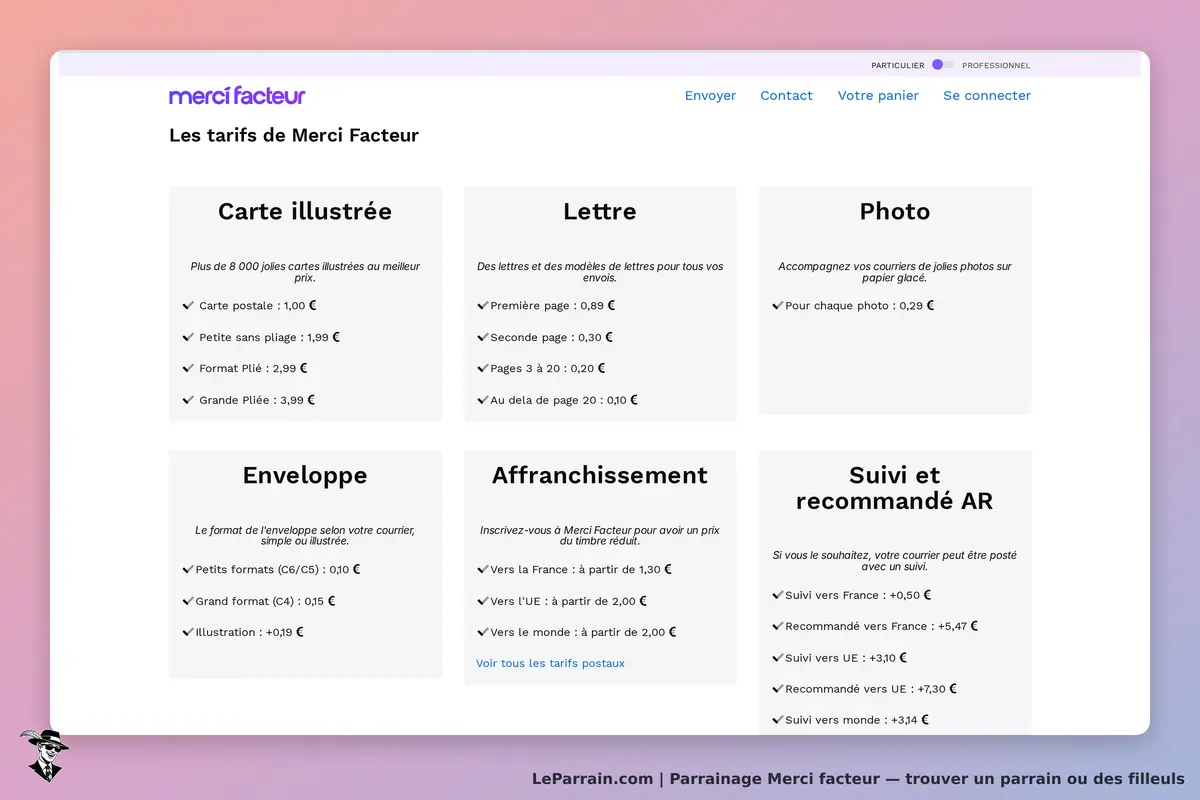 Merci facteur : page des tarifs avec options pour cartes, lettres, photos et affranchissement