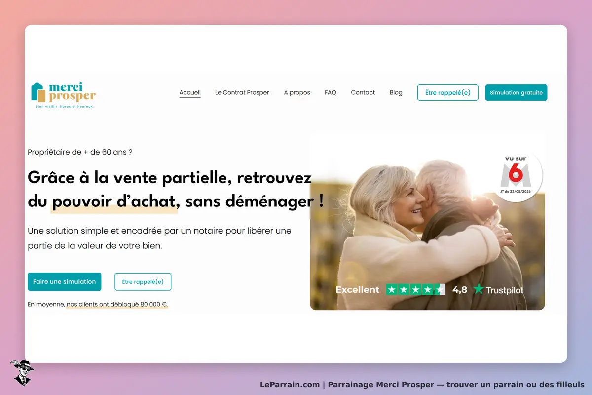 Merci Prosper : page d'accueil avec un couple souriant et des options de simulation