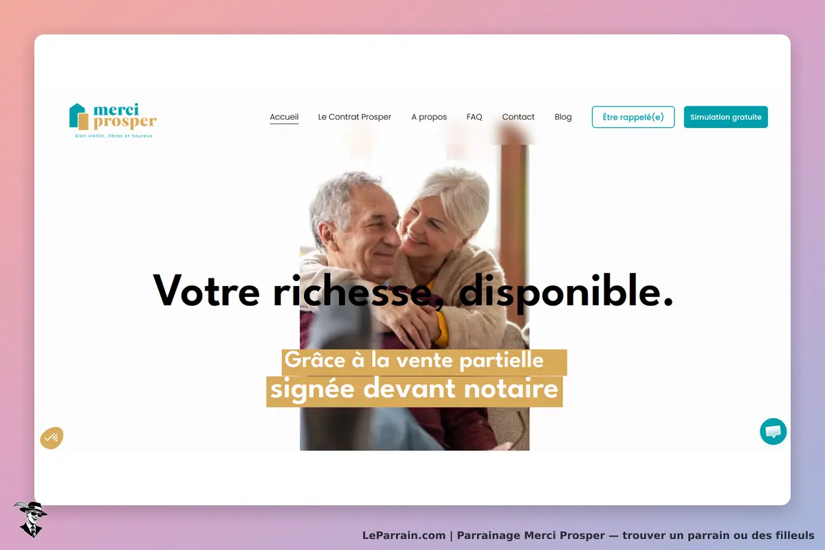 Merci Prosper : page d'accueil avec un couple âgé souriant et un texte sur la richesse disponible