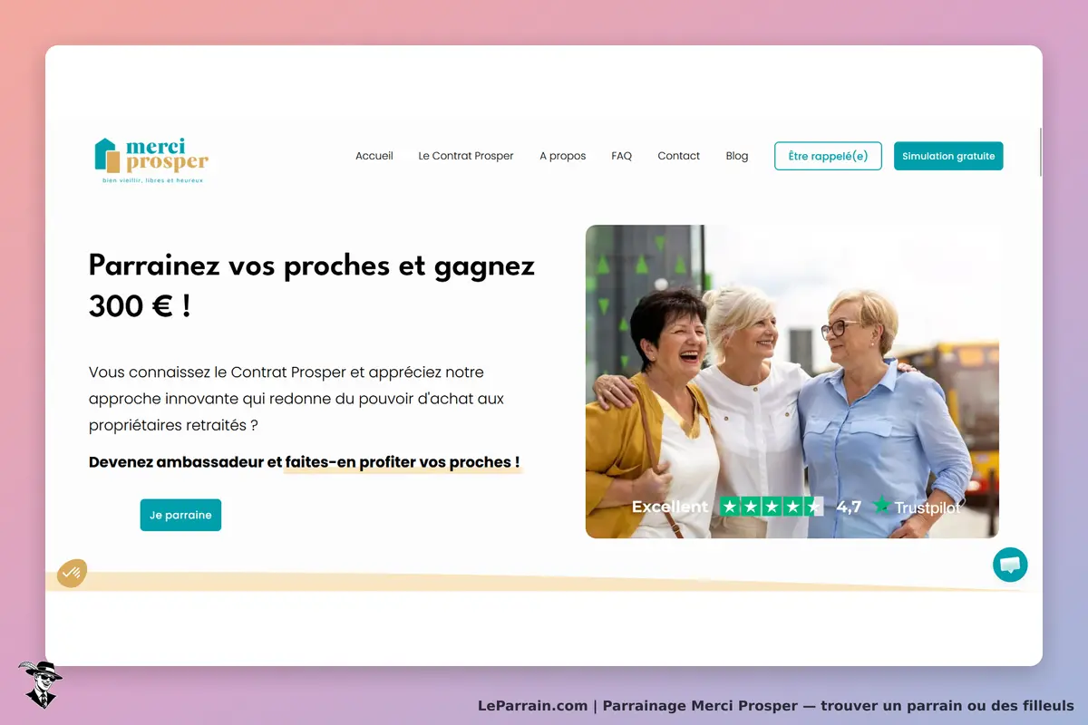 Merci Prosper : page d'accueil avec un message de parrainage et une image de trois femmes