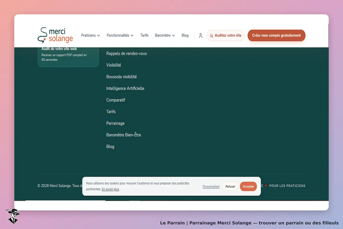 Merci Solange : menu de navigation avec sections et options de cookie en bas de page