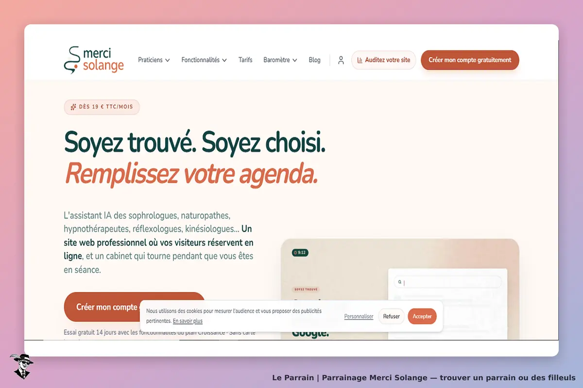 Merci Solange : page d'accueil avec un slogan et un bouton pour créer un compte gratuitement