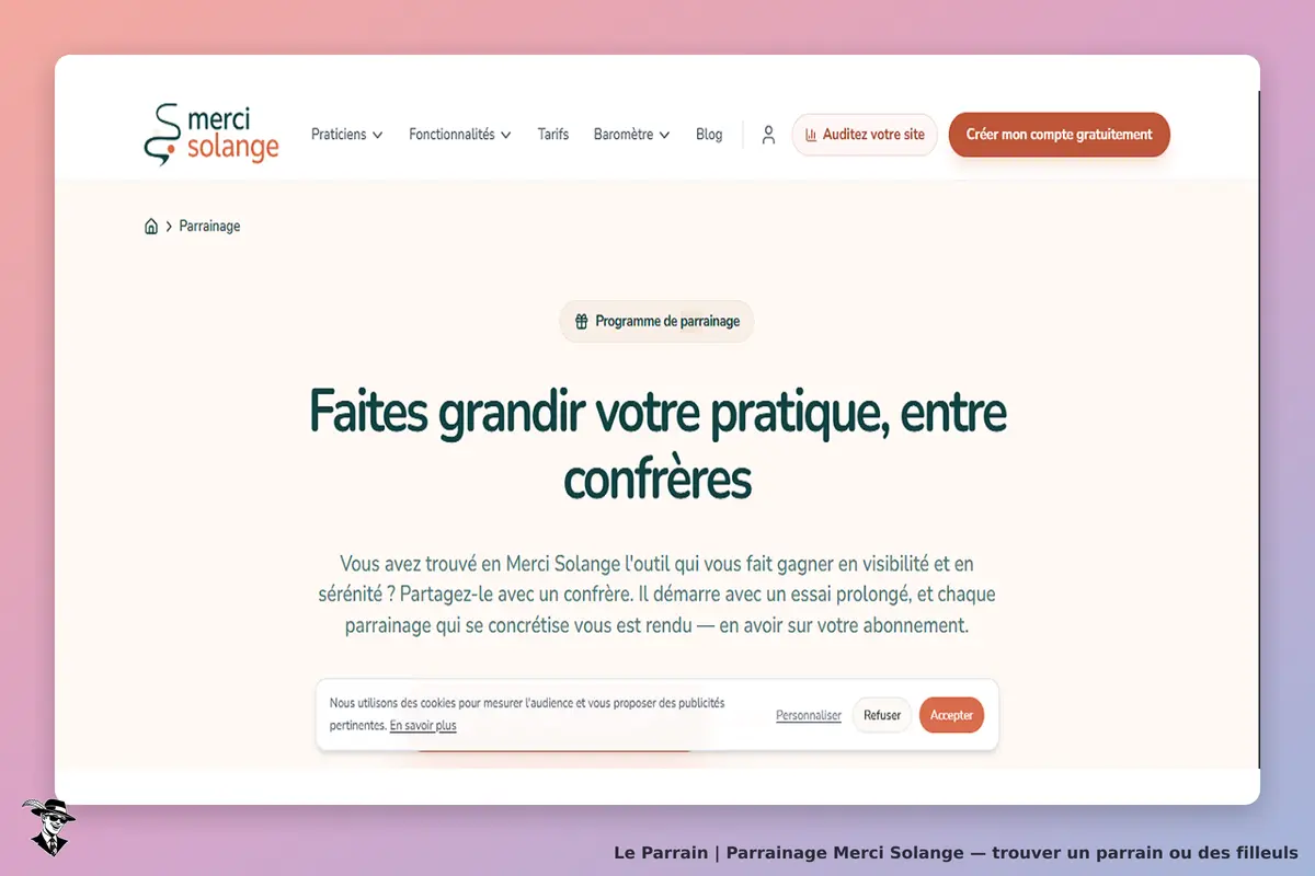 Merci Solange : page d'accueil avec titre et description sur le parrainage. Options de cookies