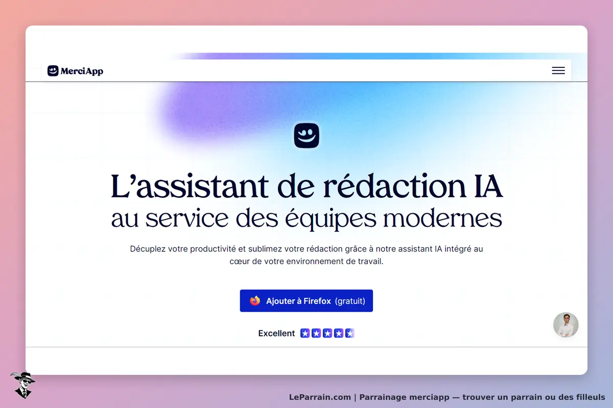 MerciApp : page d'accueil présentant un assistant de rédaction IA et un bouton pour Firefox