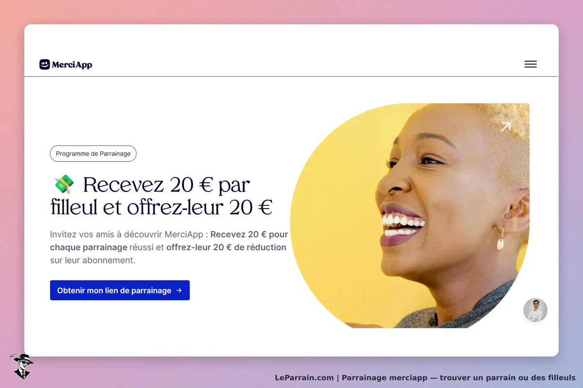 MerciApp : page d'accueil avec une femme souriante et un message sur le parrainage
