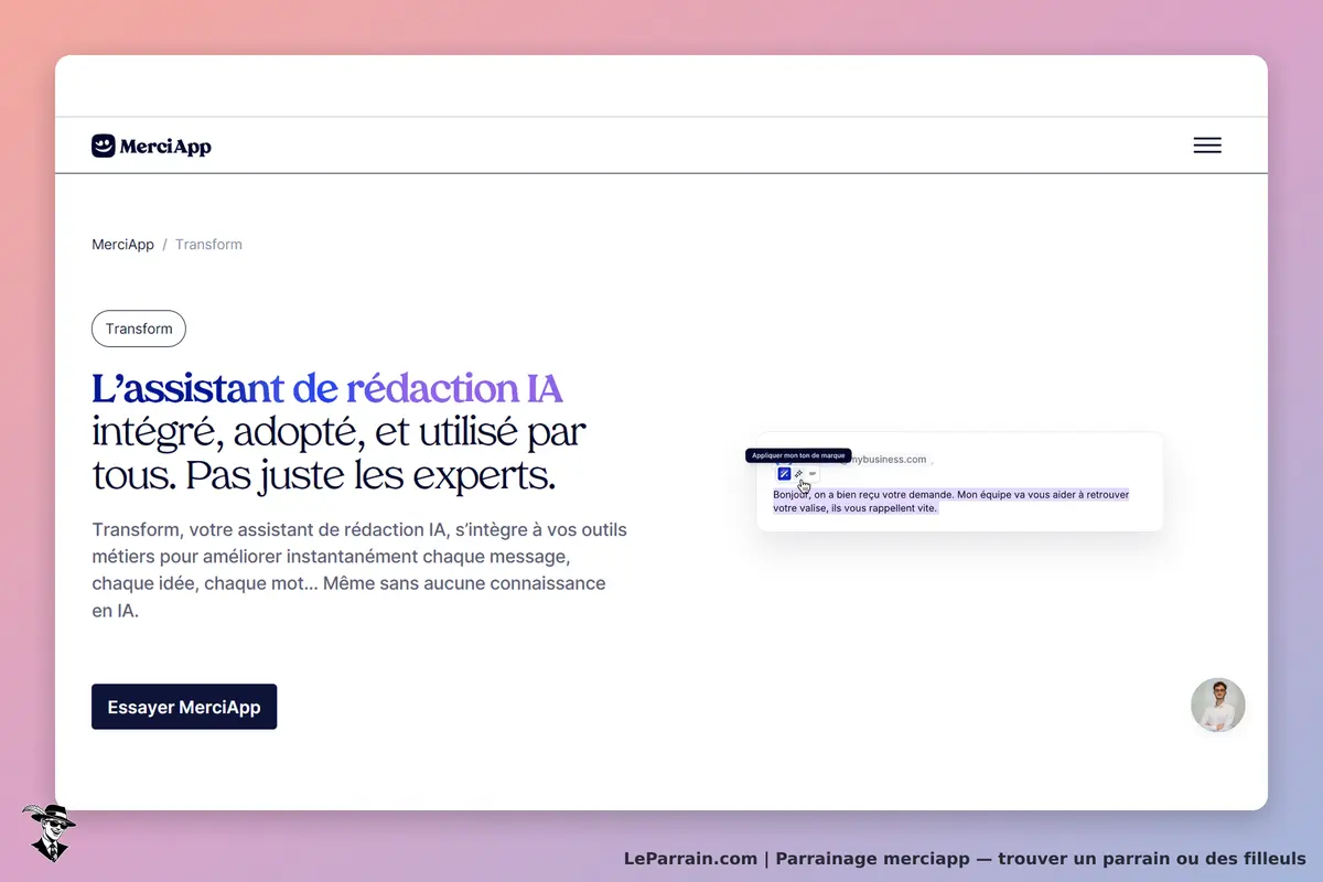 MerciApp : page d'accueil présentant un assistant de rédaction IA avec un bouton pour essayer