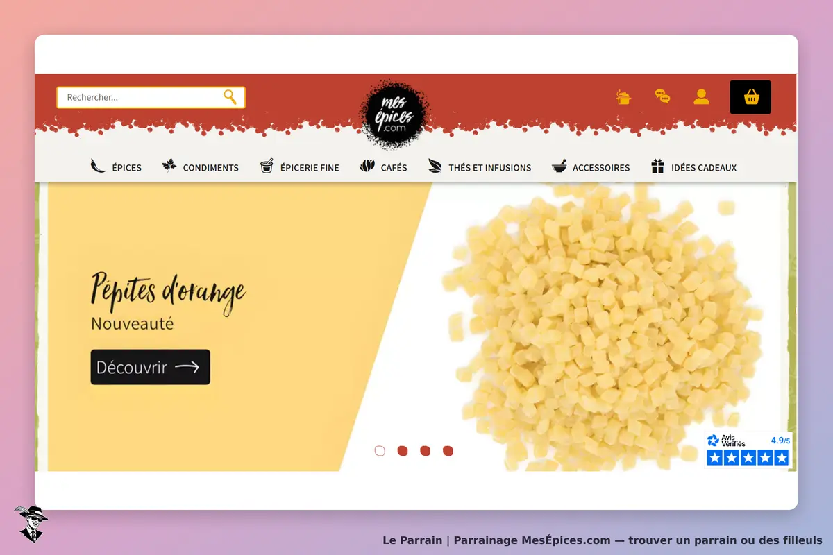 MesÉpices.com : page d'accueil avec des pépites d'orange en promotion et un bouton découvrir