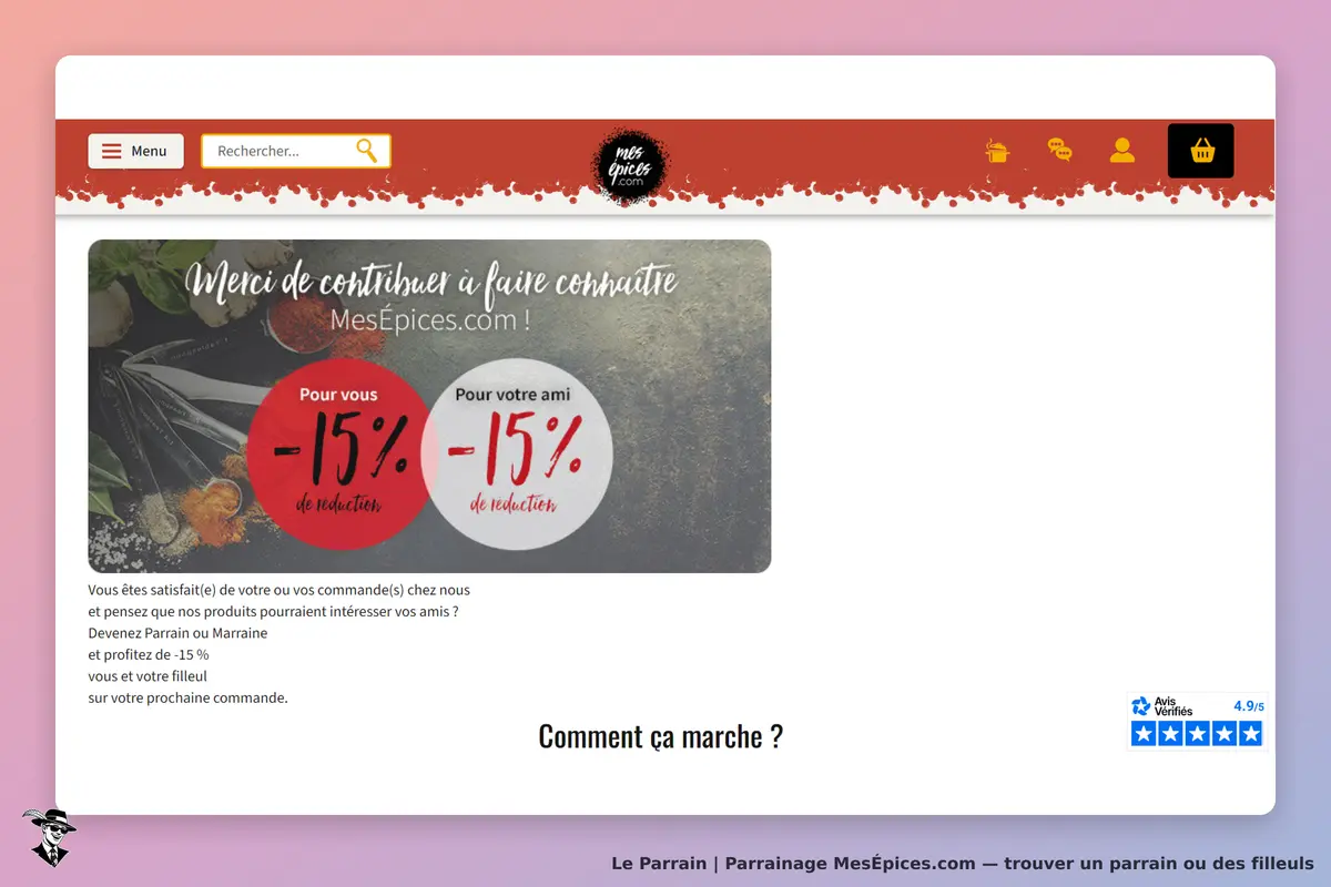 MesÉpices.com : page d'accueil avec une offre de réduction pour parrains et filleuls