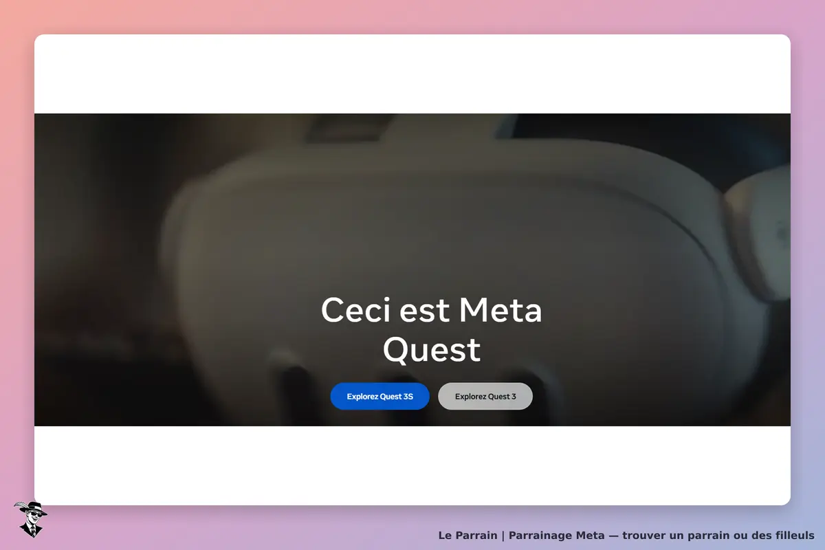 Meta : page d'accueil présentant le casque Meta Quest avec deux boutons d'exploration