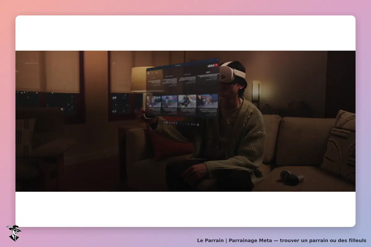 Meta : un utilisateur portant un casque VR interagit avec un écran virtuel dans un salon