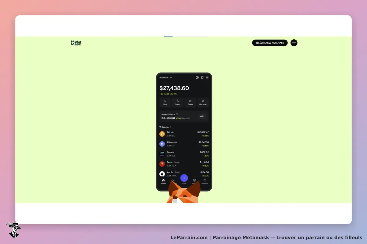 Metamask : interface d'un portefeuille avec solde et liste de tokens affichés sur un smartphone