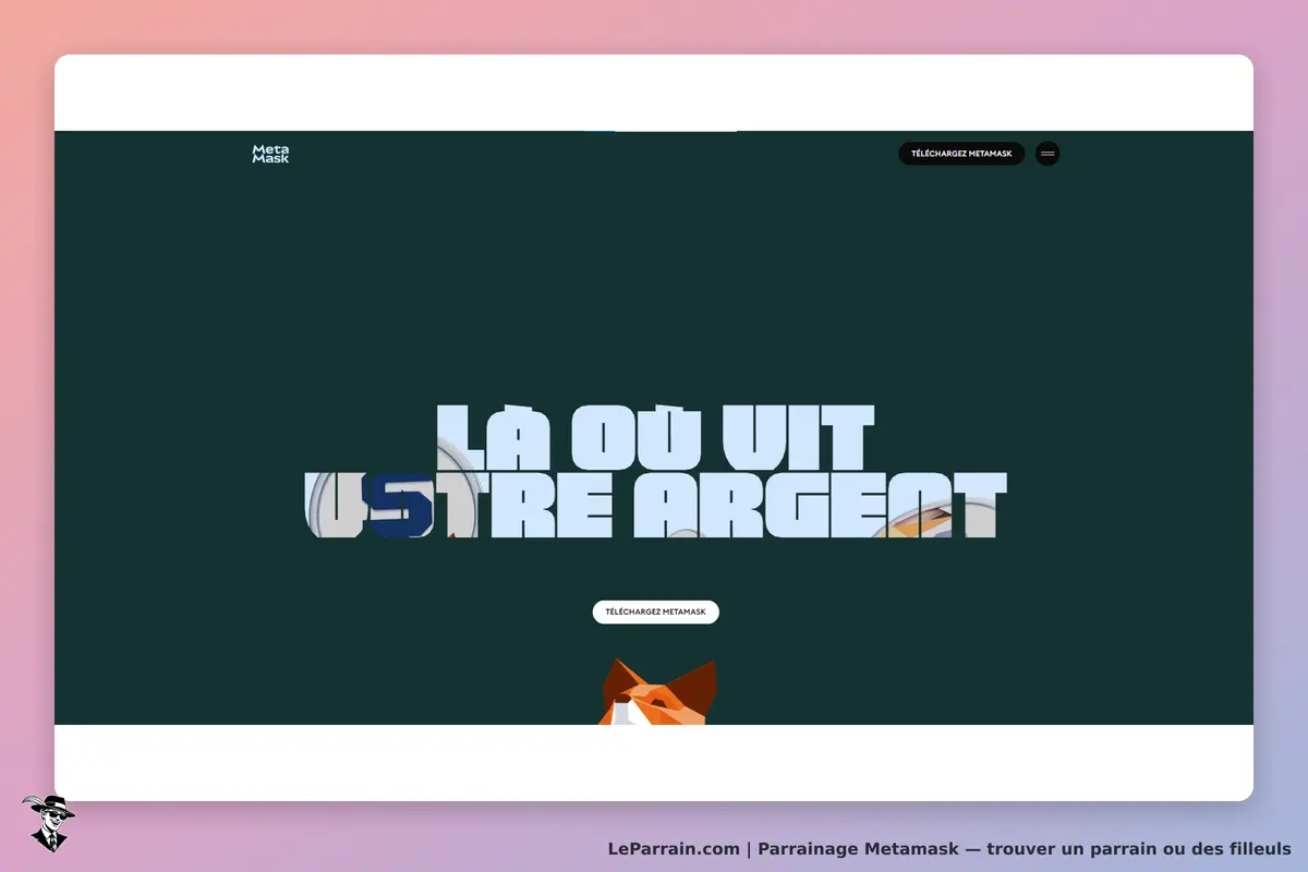 Metamask : page d'accueil avec le slogan en grandes lettres sur fond sombre et un bouton de