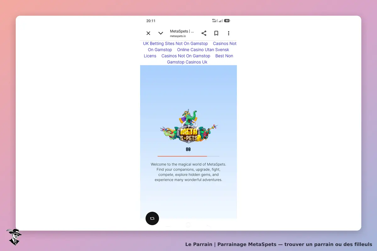 MetaSpets : page d'accueil avec logo coloré et message d'accueil sur un fond bleu