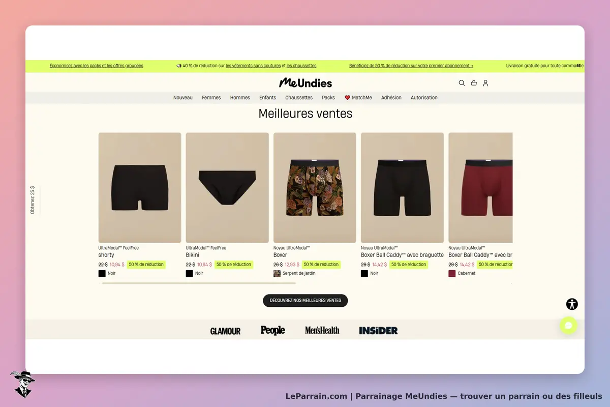 MeUndies : page des meilleures ventes avec différents modèles de sous-vêtements affichés