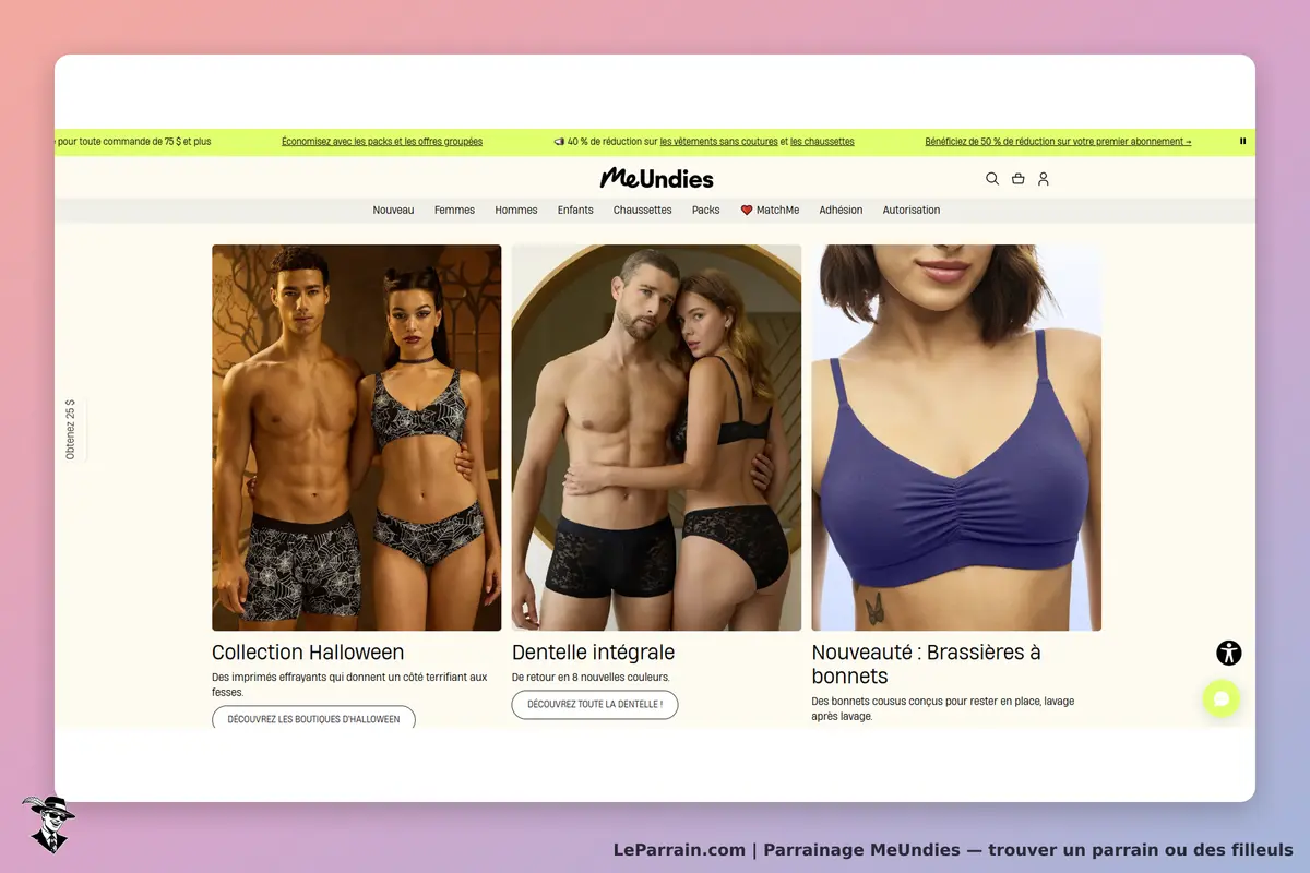 MeUndies : page d'accueil présentant des collections de lingerie pour hommes et femmes