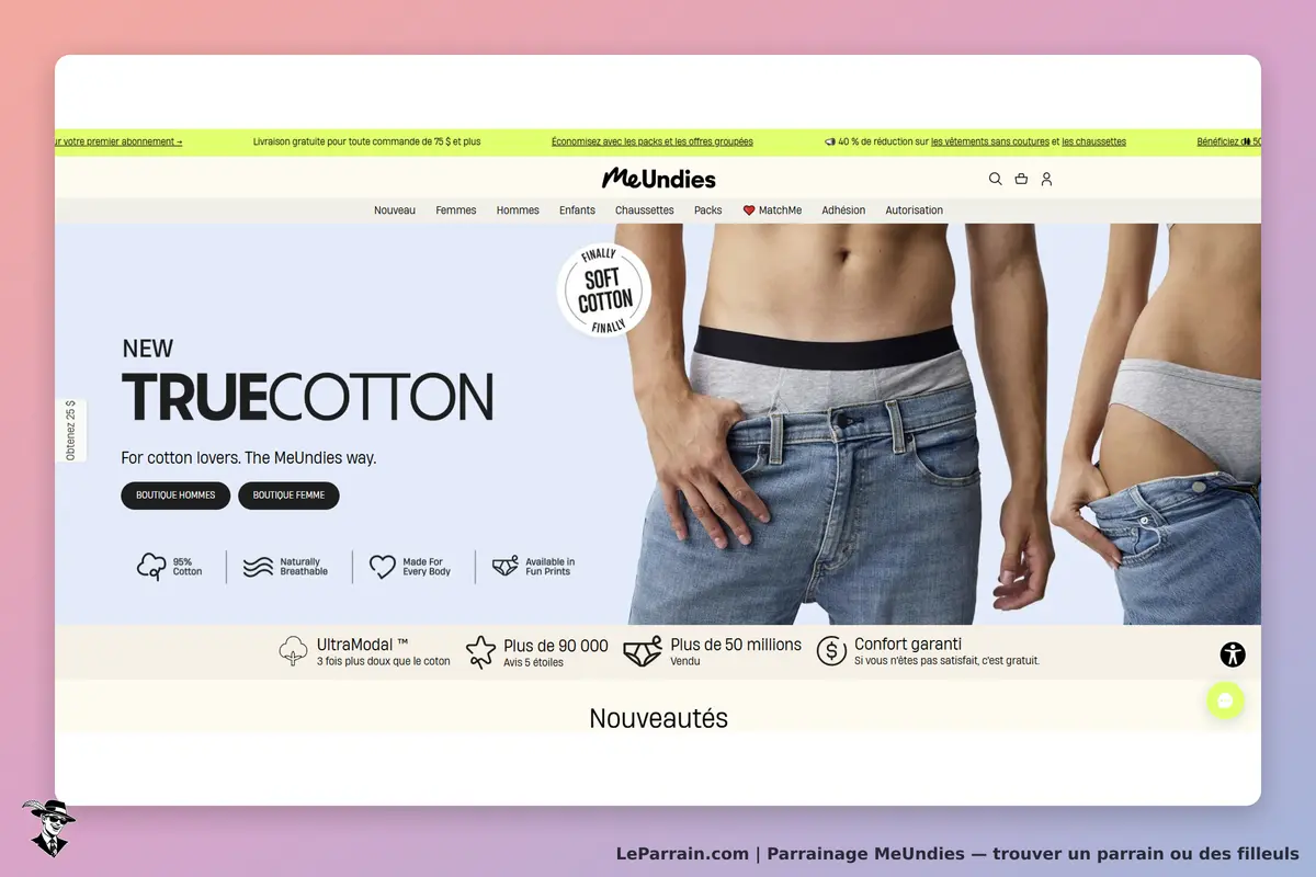 MeUndies : page d'accueil présentant des sous-vêtements en coton avec deux modèles
