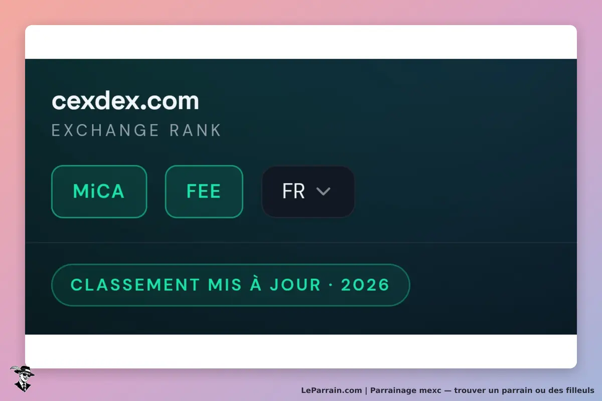 mexc : cexdex.com : classement d'échange avec options MiCA, FEE et sélection de langue en français