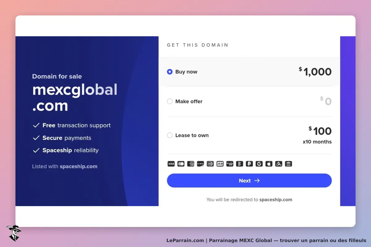 MEXC Global : page d'achat de domaine avec options et support de paiement sécurisé