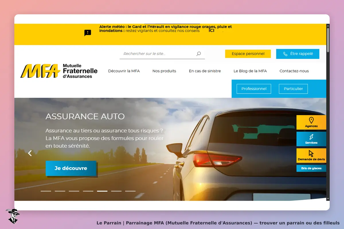 MFA (Mutuelle Fraternelle d'Assurances) : mFA : page d'accueil avec une voiture et un message sur
