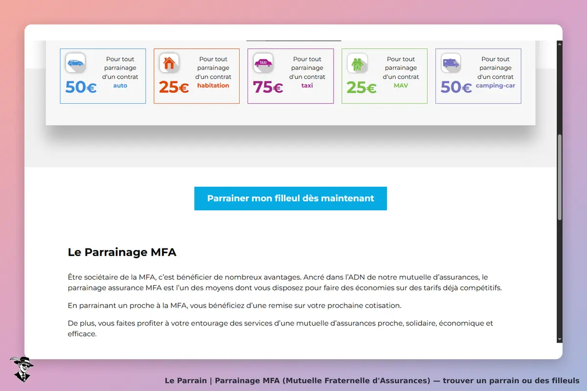 MFA (Mutuelle Fraternelle d'Assurances) : mFA : page d'accueil avec options de parrainage et bouton