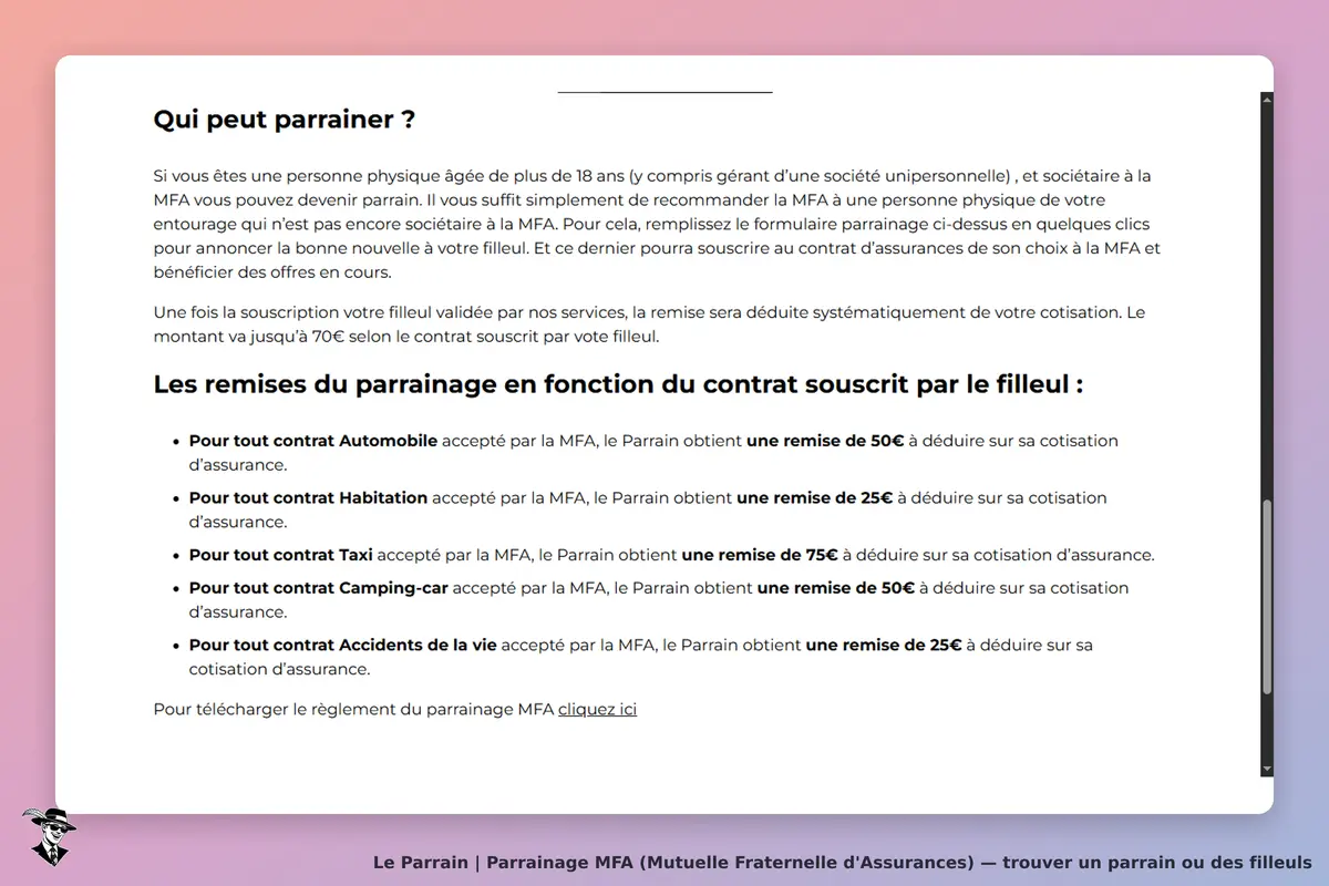 MFA (Mutuelle Fraternelle d'Assurances) : mFA : informations sur le parrainage et les remises selon