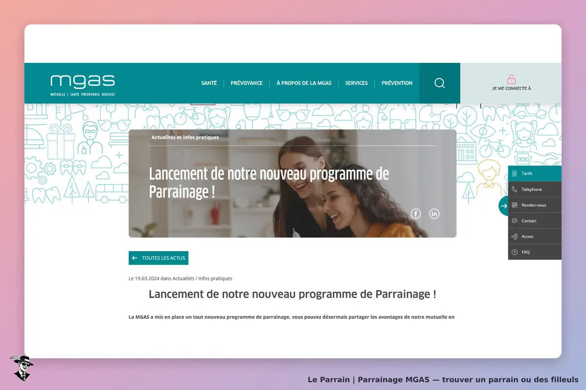MGAS : page d'accueil présentant le lancement d'un programme de parrainage avec deux femmes
