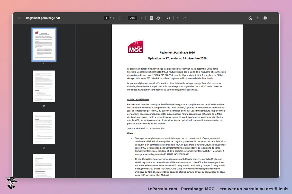 MGC : règlement de parrainage 2026, document PDF affichant les modalités et définitions