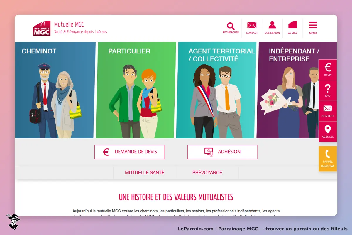 MGC : page d'accueil avec illustrations de différents profils de clients et options de services