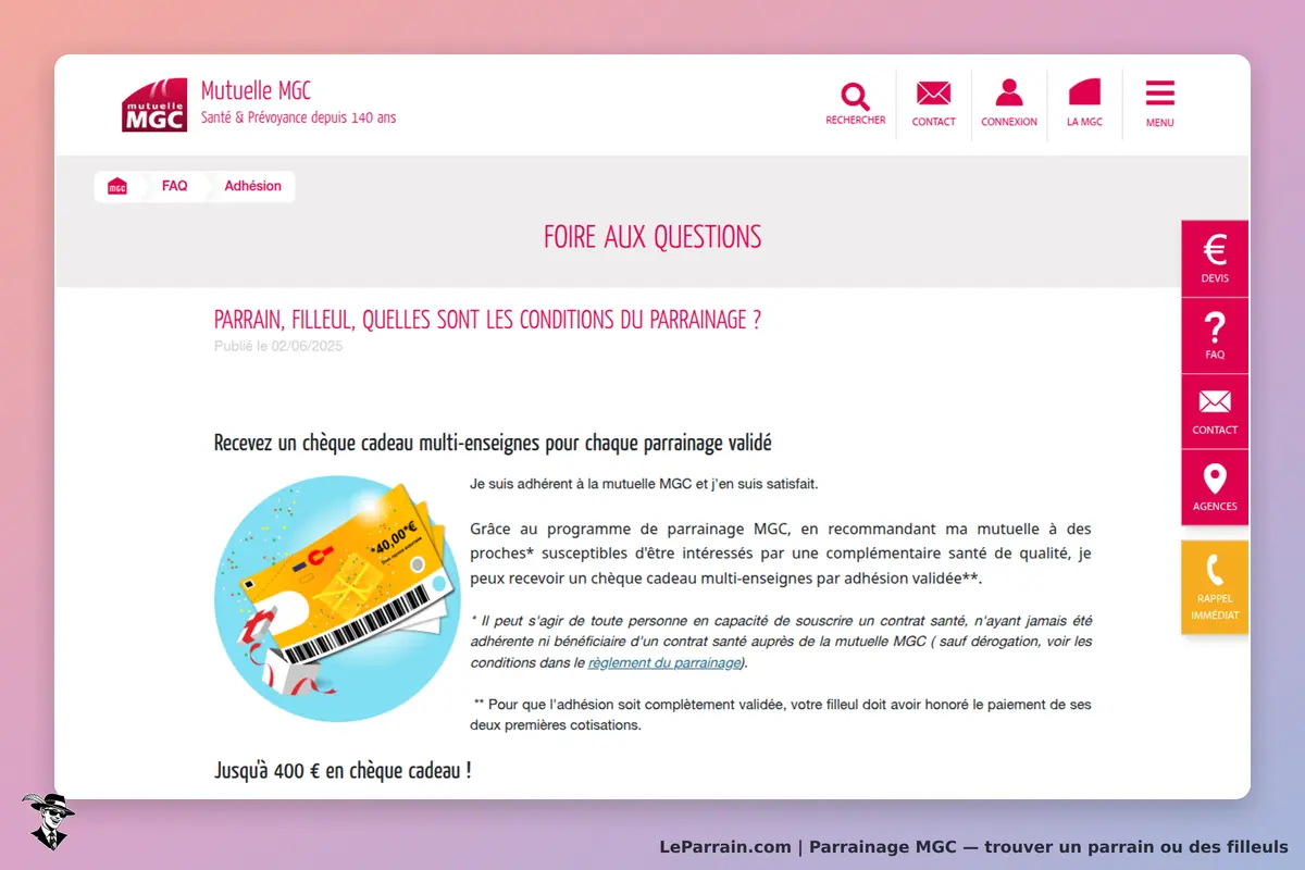 Mutuelle MGC : page d'accueil avec des informations sur le parrainage et un chèque cadeau