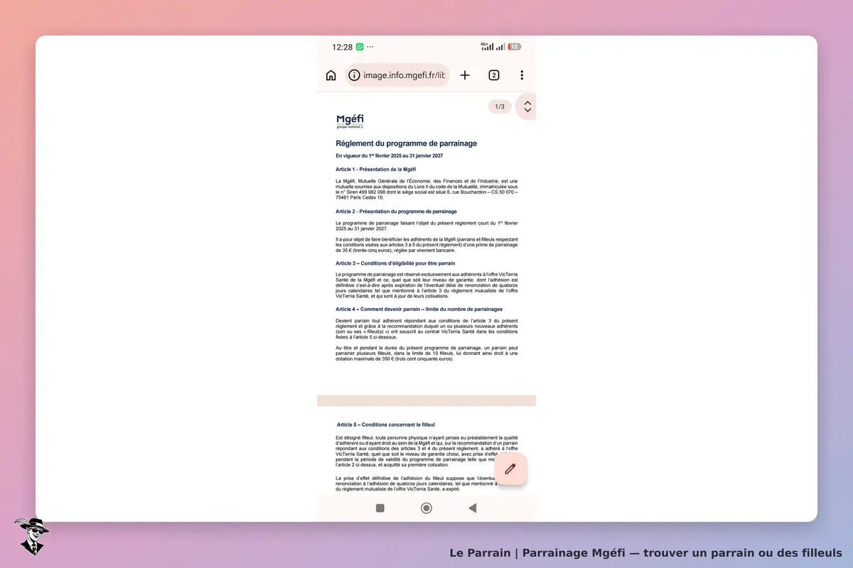 Mgéfi : règlement du programme de parrainage, plusieurs articles visibles sur la page