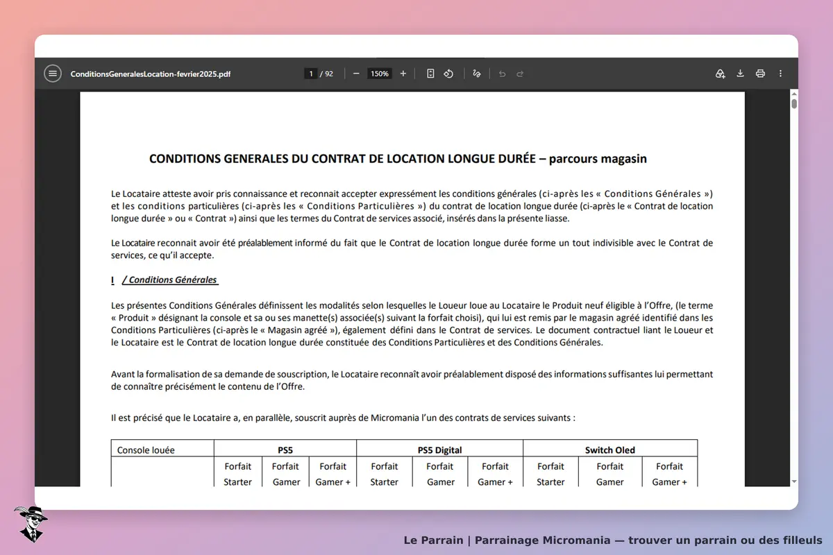 Micromania : conditions générales du contrat de location longue durée affichées sur un document PDF