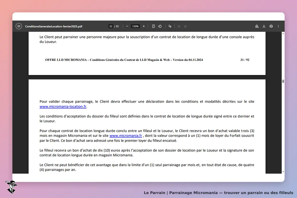 Micromania : document PDF avec conditions générales de location de consoles et parrainage