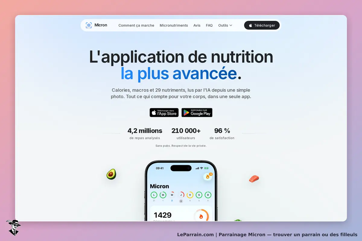 Micron : page d'accueil présentant une application de nutrition avec un smartphone et des éléments
