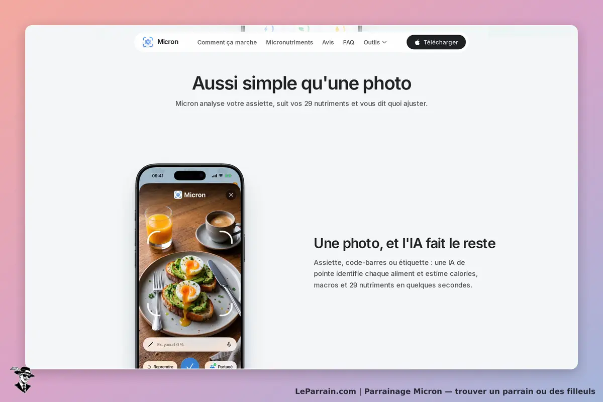 Micron : page d'accueil présentant une application analysant des aliments à partir d'une photo