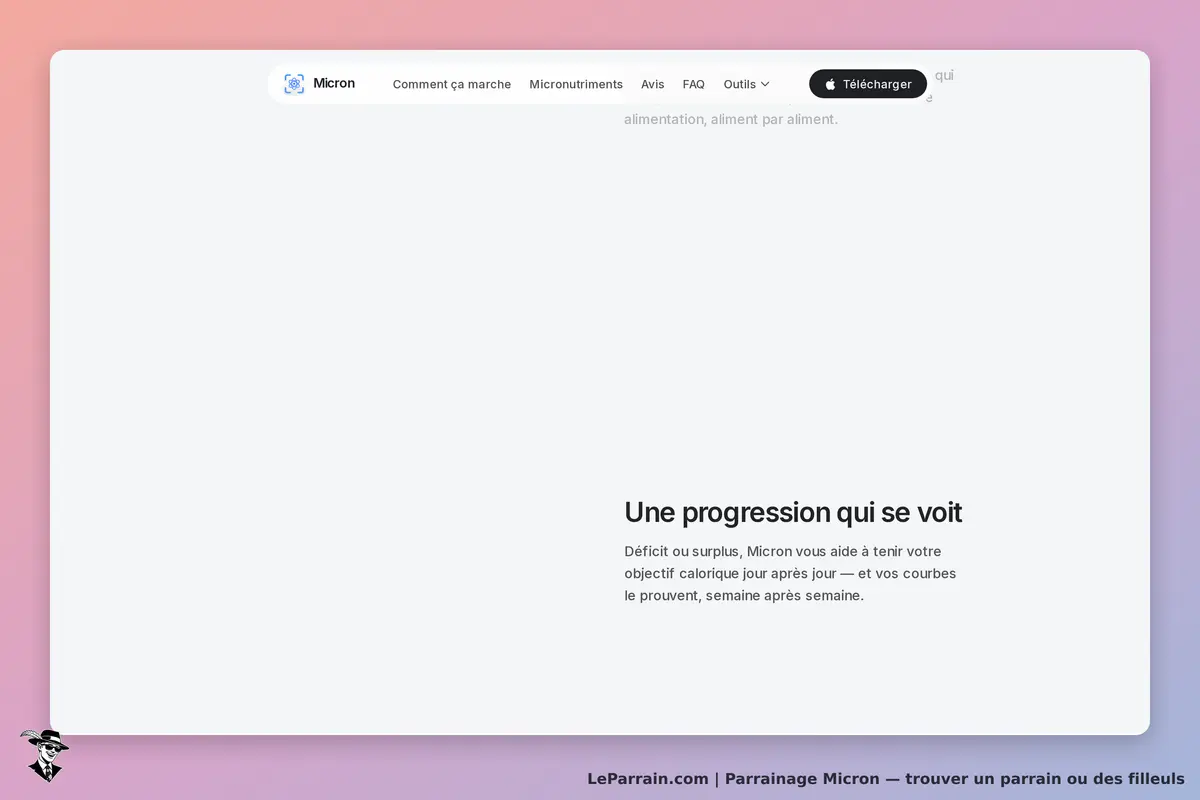 Micron : page d'accueil avec un slogan sur la progression et un bouton de téléchargement