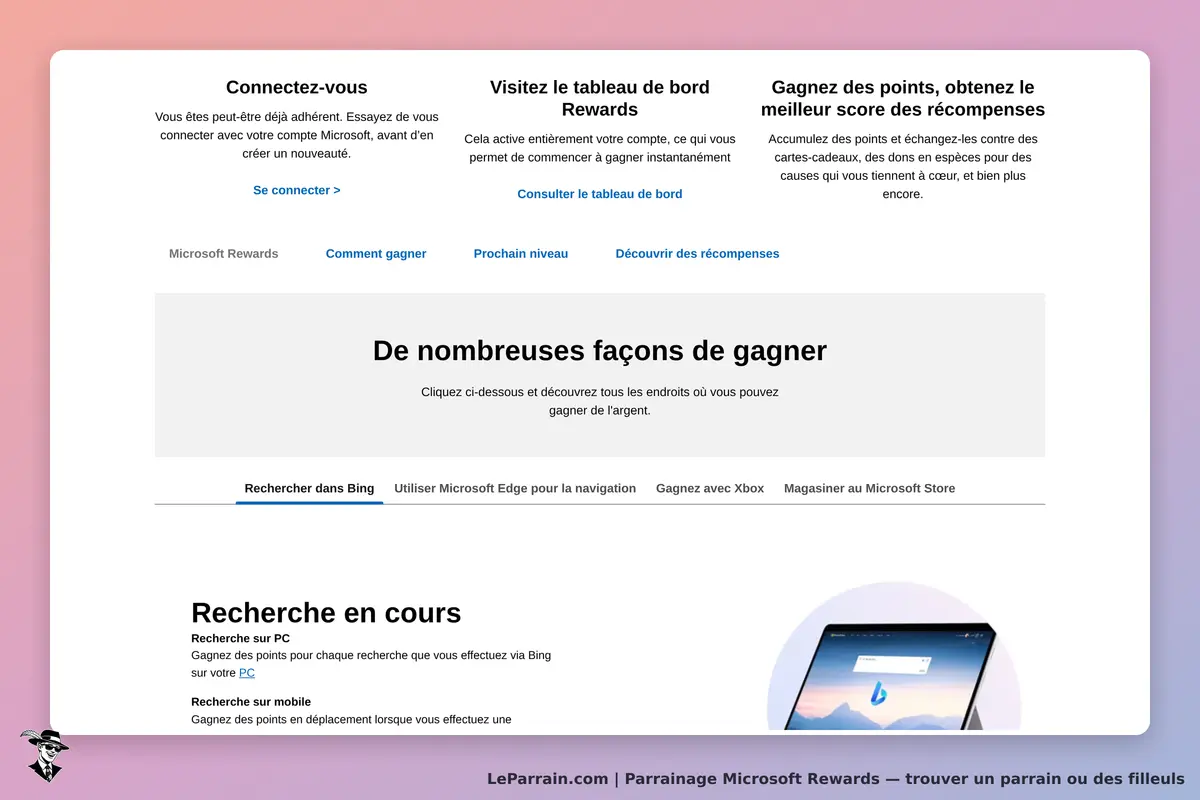 Interface de Microsoft Rewards avec options de connexion et de gain de points.