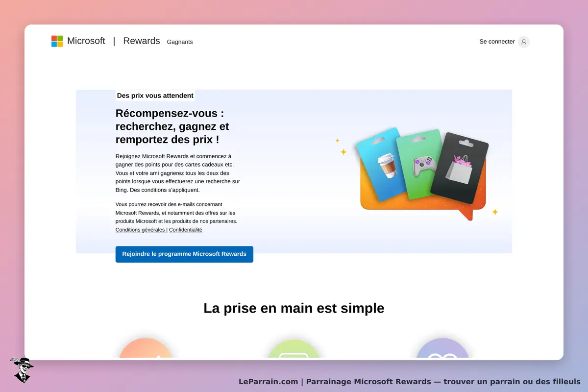 Capture d'écran de Microsoft Rewards avec cartes cadeaux et message de récompense.