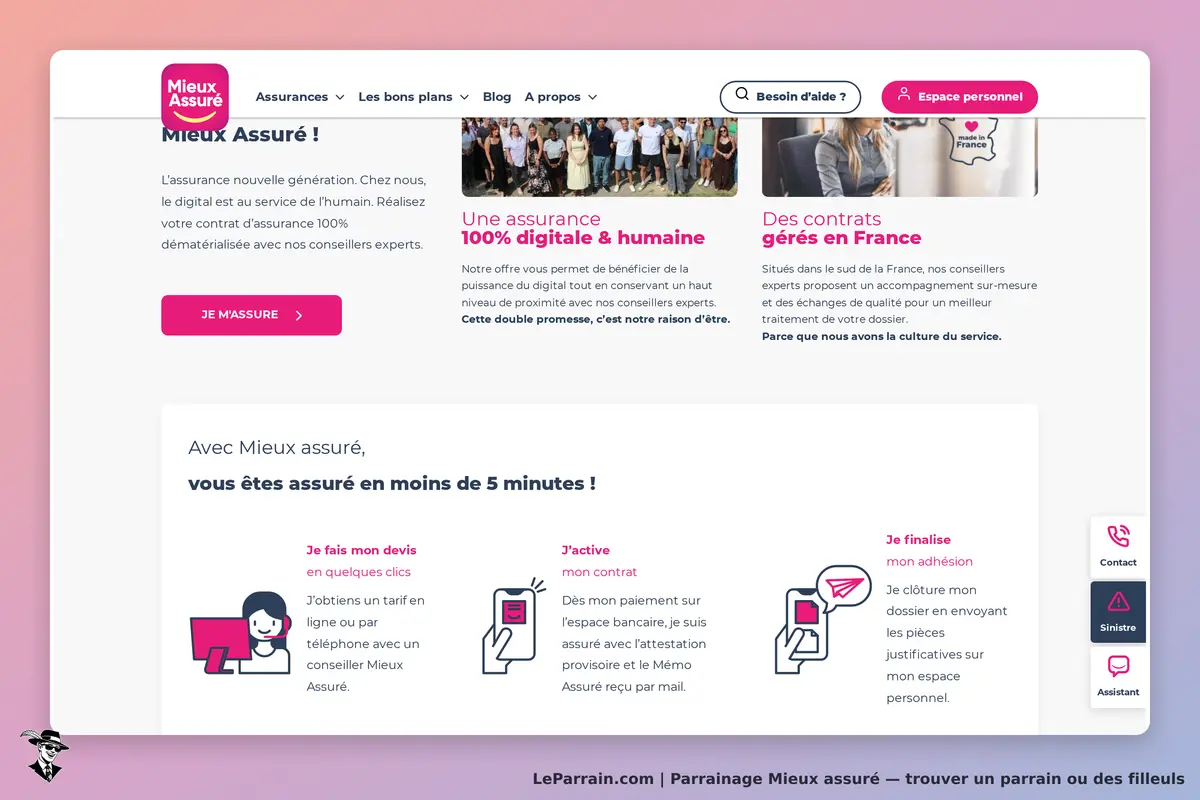 Page d'accueil de Mieux Assuré, assurance digitale avec conseils personnalisés.