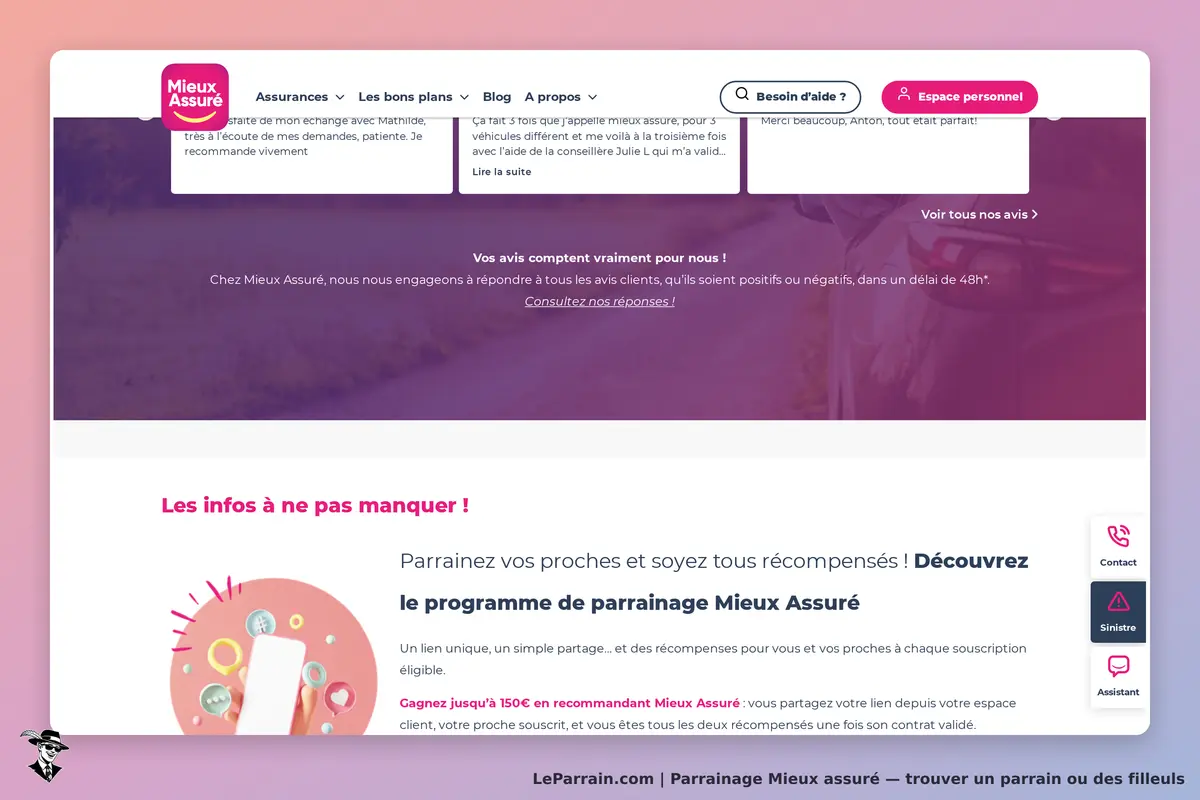 Page d'accueil de Mieux Assuré, programme de parrainage et avis clients sur les assurances.