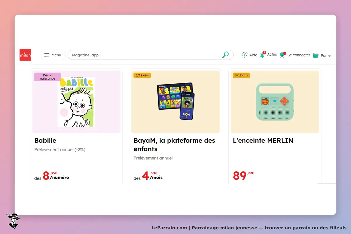 milan jeunesse : page d'accueil avec des produits pour enfants et un moteur de recherche