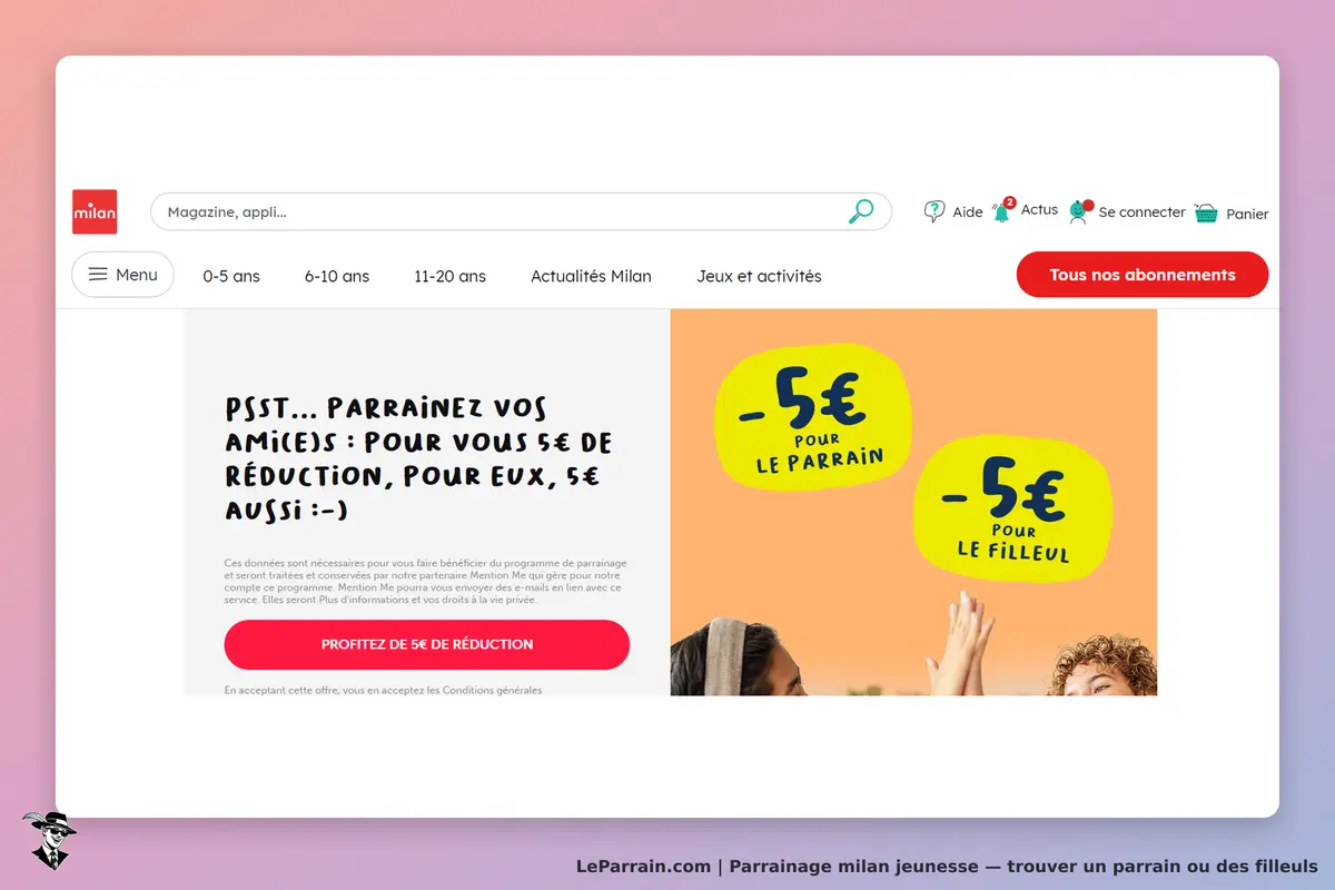 milan jeunesse : milan : page d'accueil avec une promotion de parrainage et des images de personnes