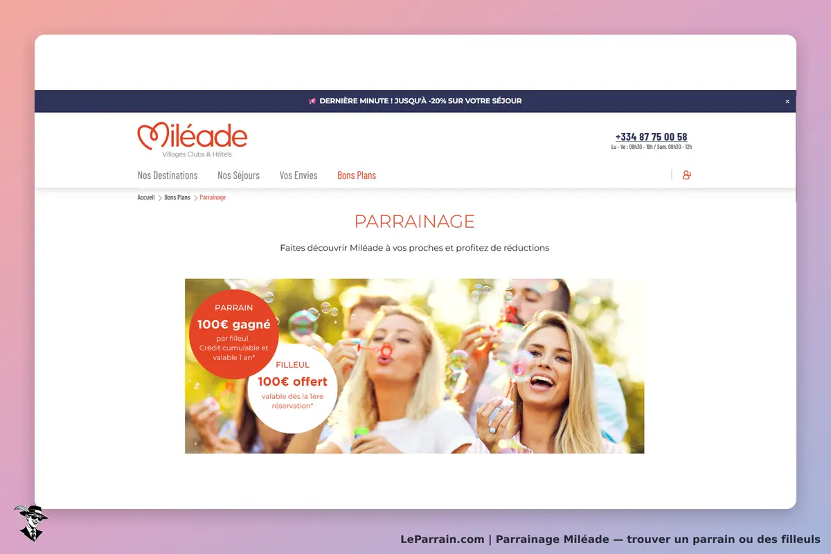 Miléade : page sur le parrainage avec des images de personnes jouant et souriant