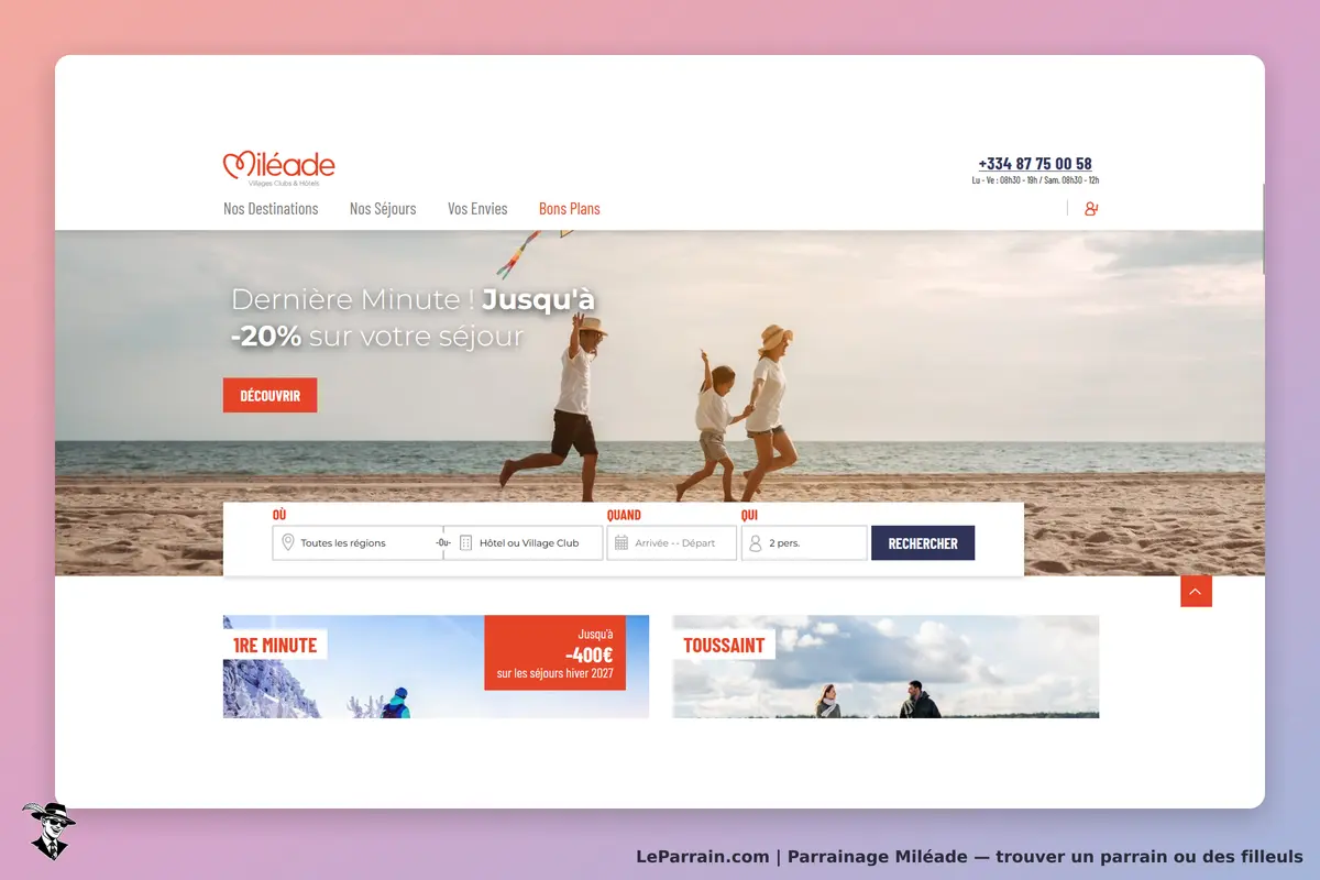 Miléade : page d'accueil avec une image de famille sur la plage et un formulaire de recherche