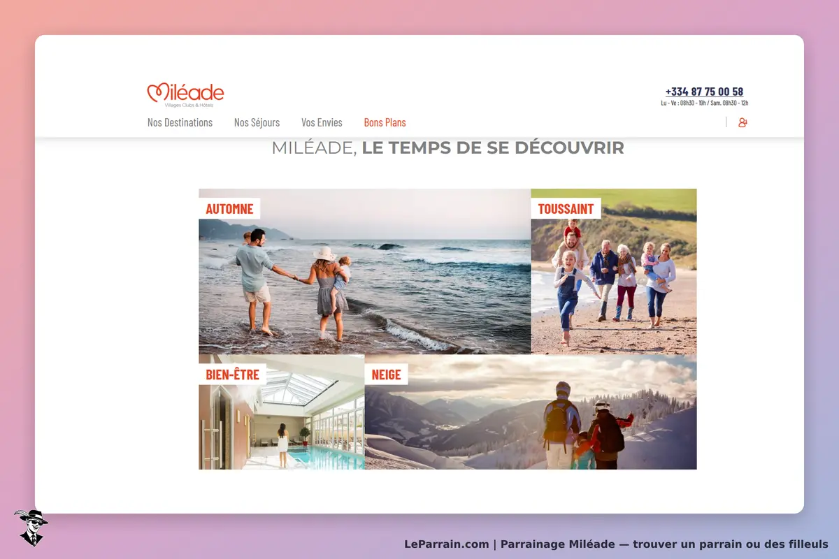 Miléade : page d'accueil présentant des images de vacances en famille et des activités saisonnières