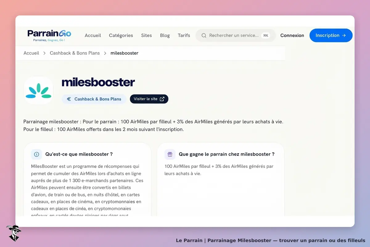 Milesbooster : page d'accueil avec explication du programme de parrainage et options de navigation